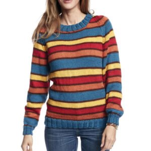 Illustration of finished project of striped pullover sweater in rainbow colours